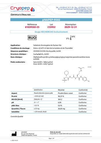 pNAPEP-9502 Chromogenic Substrate for FIXa Certificate of analysis